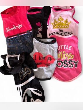 6 Piece Doggy clothes bundle 1 pair of pajamas 1 Dress and 4 sleeveless shirts